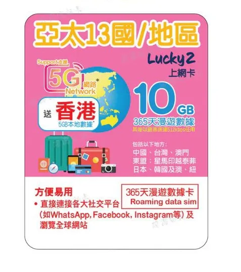 Lucky - 5G LTE 365日13國 亞太地區 年卡 10GB外遊數據卡 旅行 澳紐 中國 日本 韓國 台灣 大中華 東盟 1