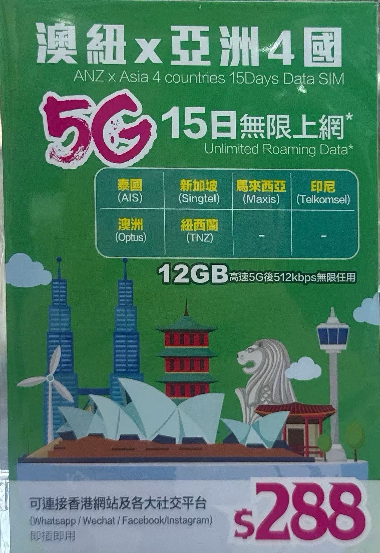 Lucky - 亞洲 澳洲 紐西蘭 【15日6國共用 數據卡22GB 】5G 數據漫遊 數據卡 上網卡 旅行電話卡 (可連接各大社交平台及香港網站)